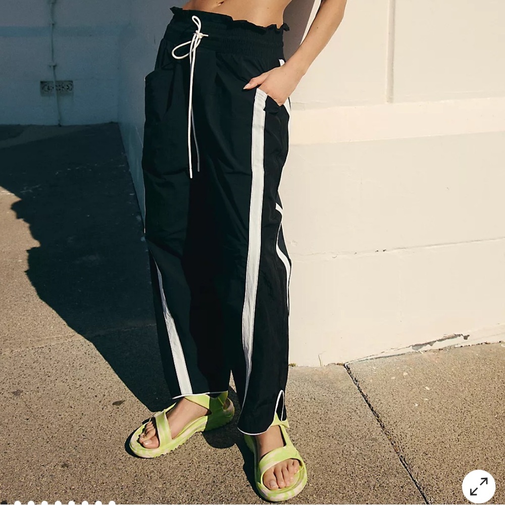 Free People Black Wide-Leg Track Pants with White Side Stripes